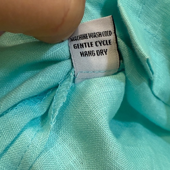 100% linen aqua blue long sleeve collared shirt - Picture 7 of 8